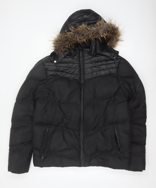 Brave Soul Men's Black M Puffer Jacket Faux Fur Hood Quilted