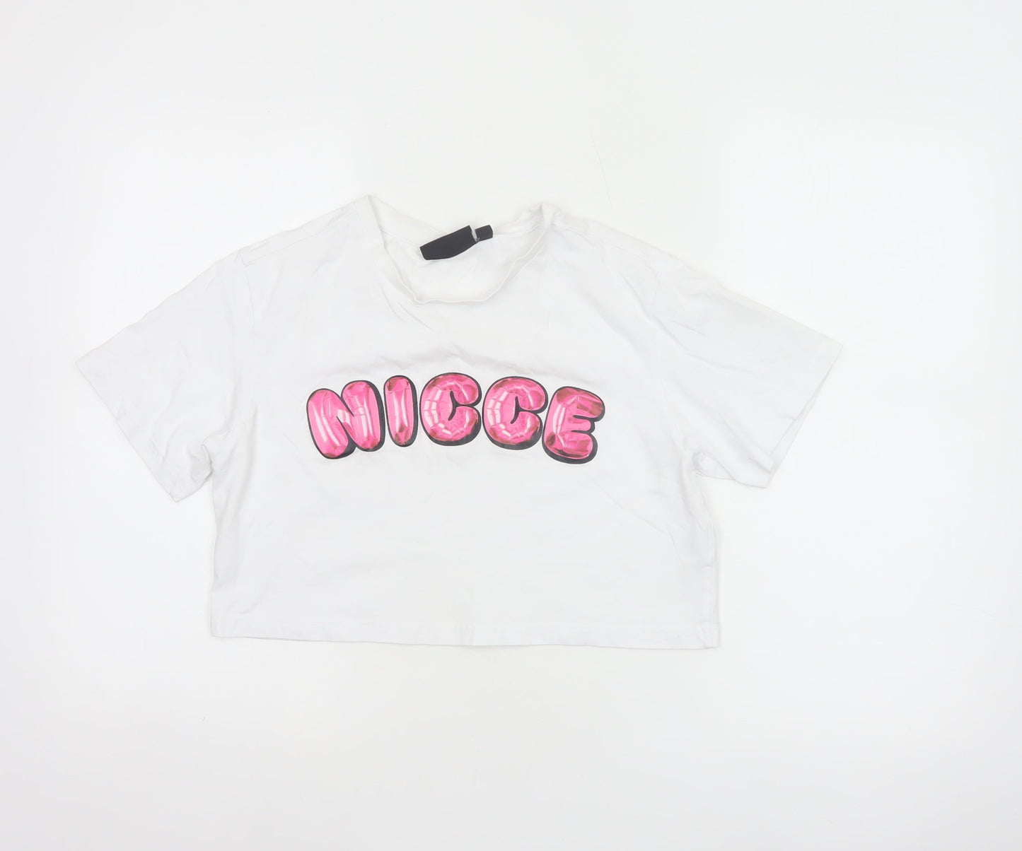 Nicce Women’s White S Cropped Cotton T-Shirt Pink Nicee Glitter Logo