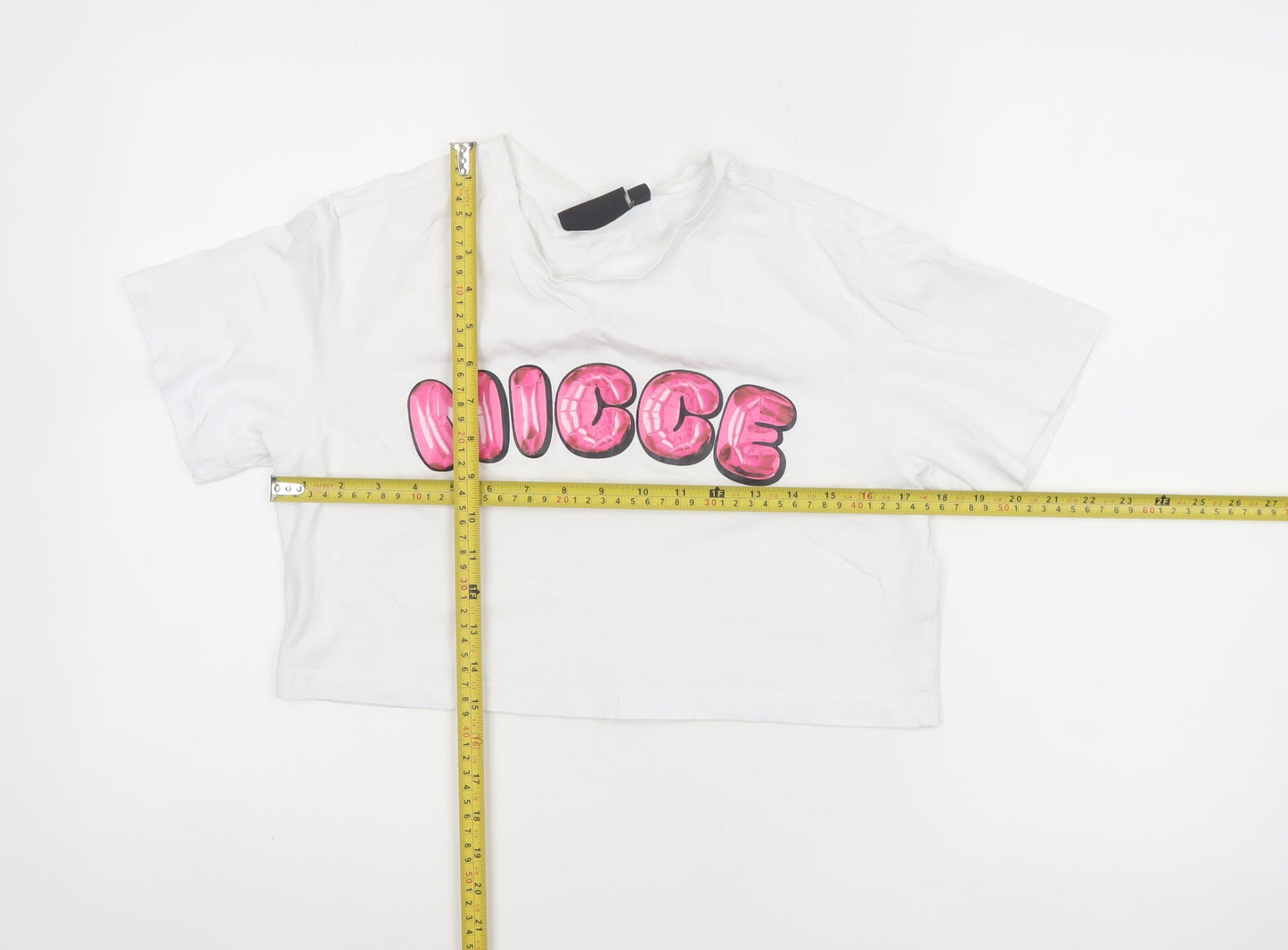 Nicce Women’s White S Cropped Cotton T-Shirt Pink Nicee Glitter Logo