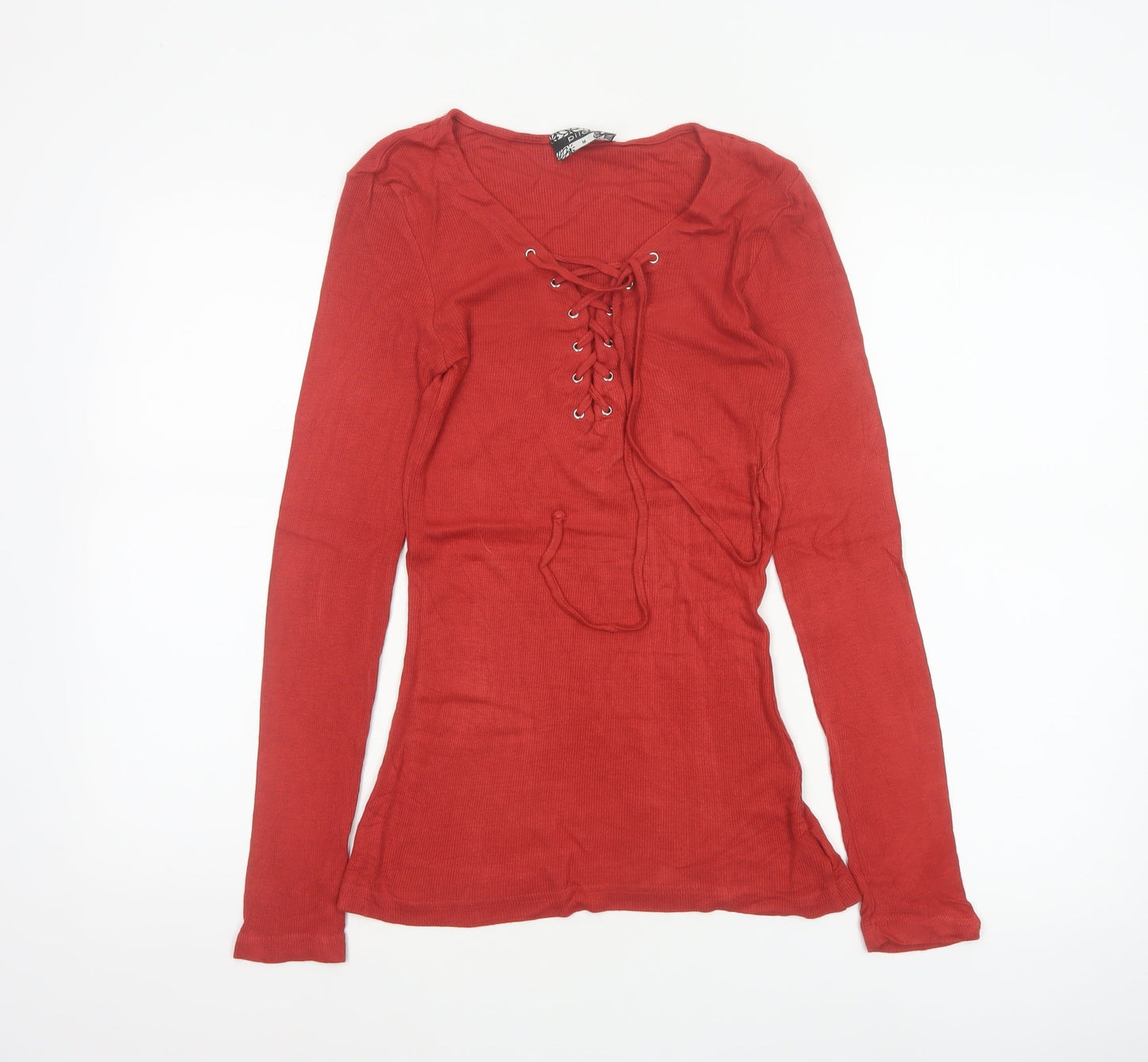 Pilot Women’s Red M Ribbed Lace Up V-Neck Long Sleeve Stretch Top