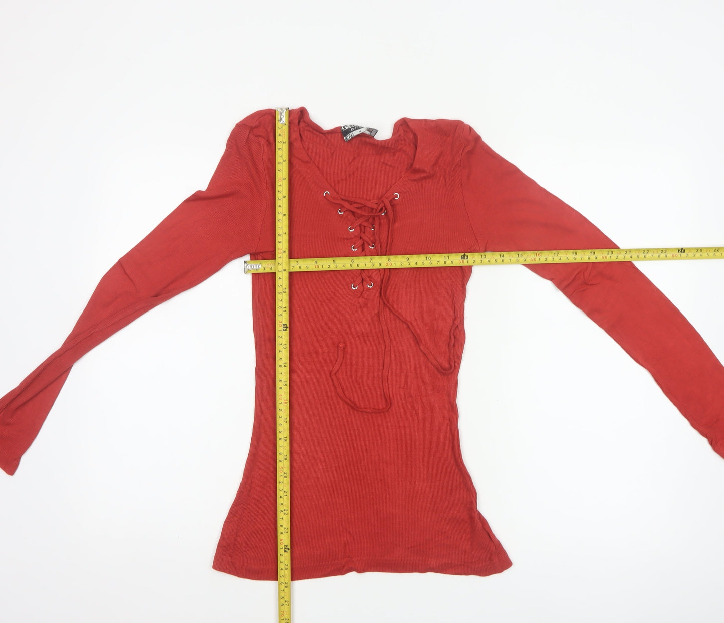 Pilot Women’s Red M Ribbed Lace Up V-Neck Long Sleeve Stretch Top