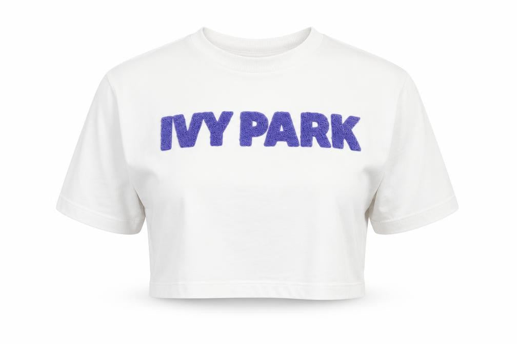 Front view of Ivy Park Women White XS Cropped Jersey T-Shirt Purple Logo