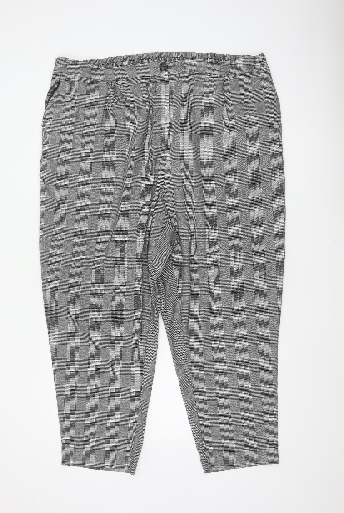 New Look Curves Women Grey Check Tapered Trousers UK 24 Elastic Waist