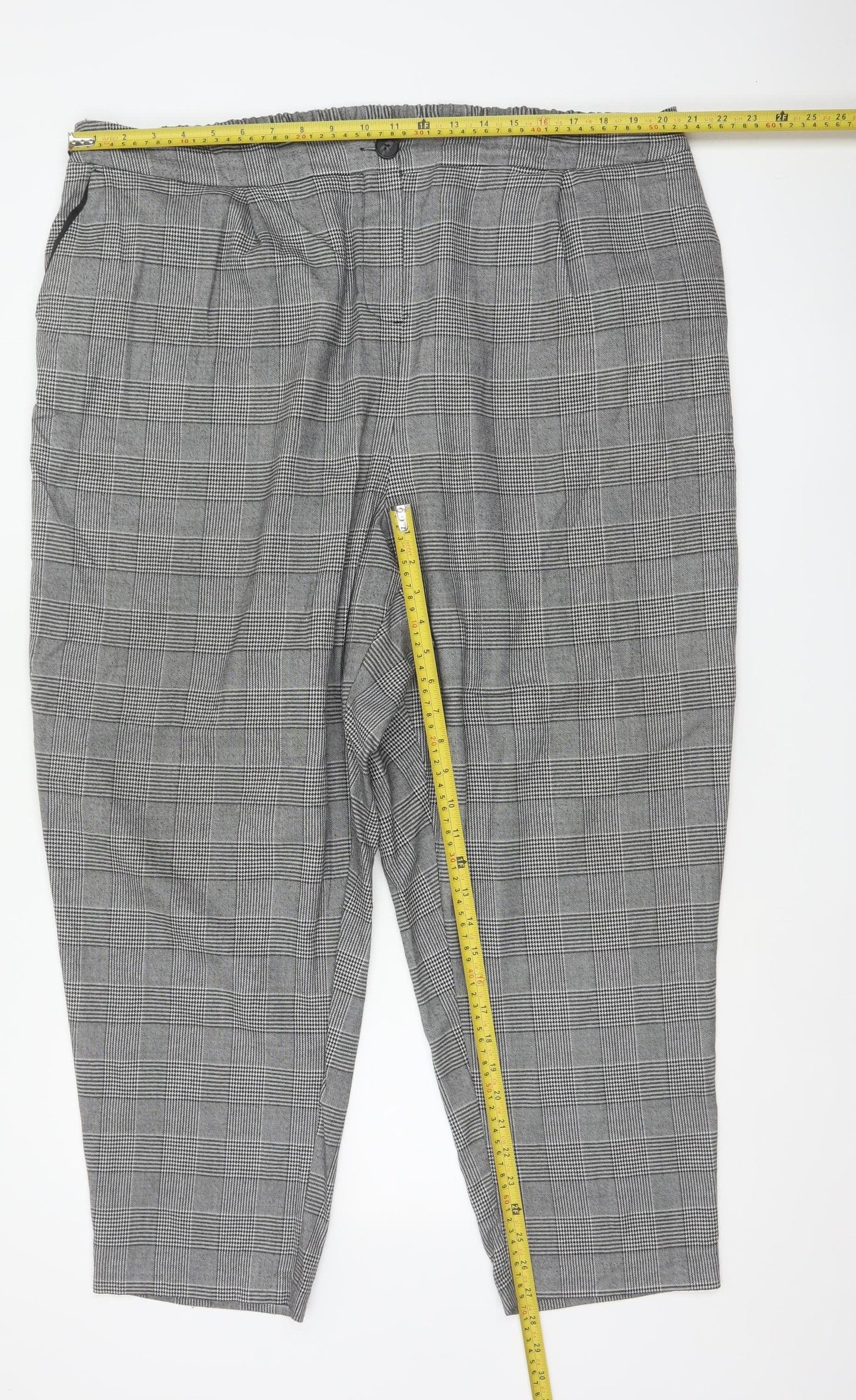 New Look Curves Women Grey Check Tapered Trousers UK 24 Elastic Waist