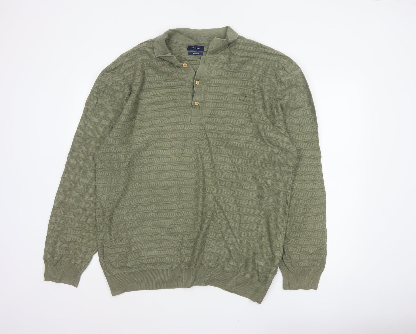 GANT Men’s Green 2XL Herringbone Knit Collared Henley Jumper