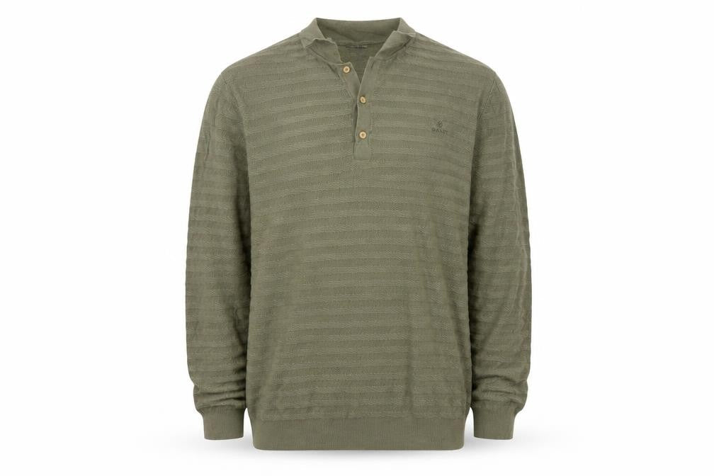 GANT Men’s Green 2XL Herringbone Knit Collared Henley Jumper