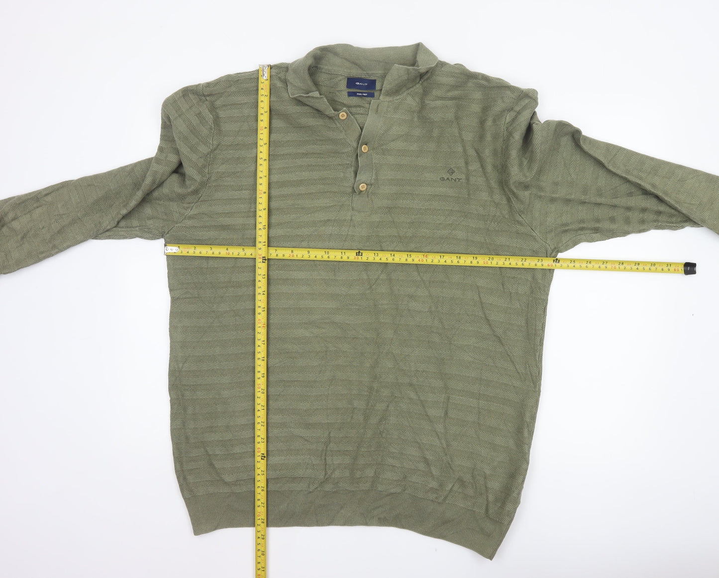 GANT Men’s Green 2XL Herringbone Knit Collared Henley Jumper