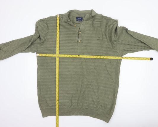 GANT Men’s Green 2XL Herringbone Knit Collared Henley Jumper