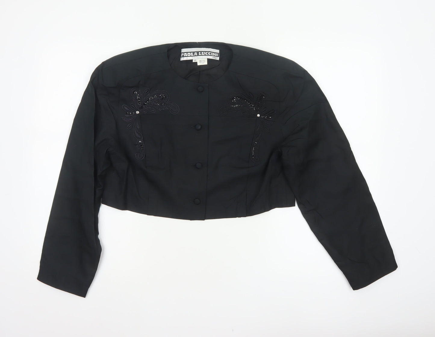 Paola Luccini Women Black Silk Floral Embellished Cropped Jacket Size 12