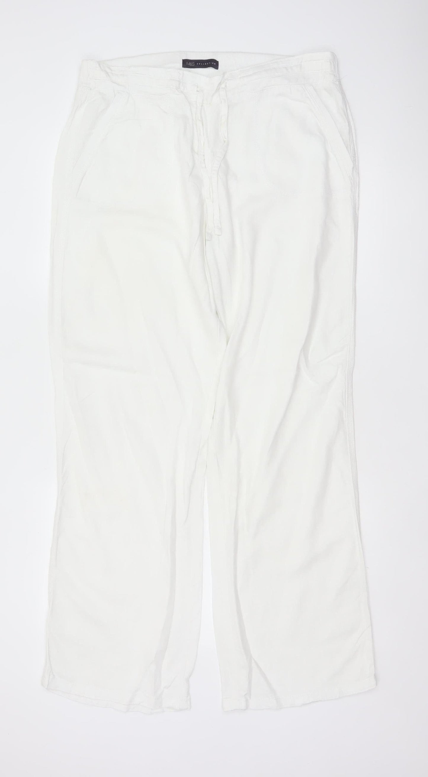 Marks and Spencer Women White UK 14 Long Wide-Leg Drawstring Trousers