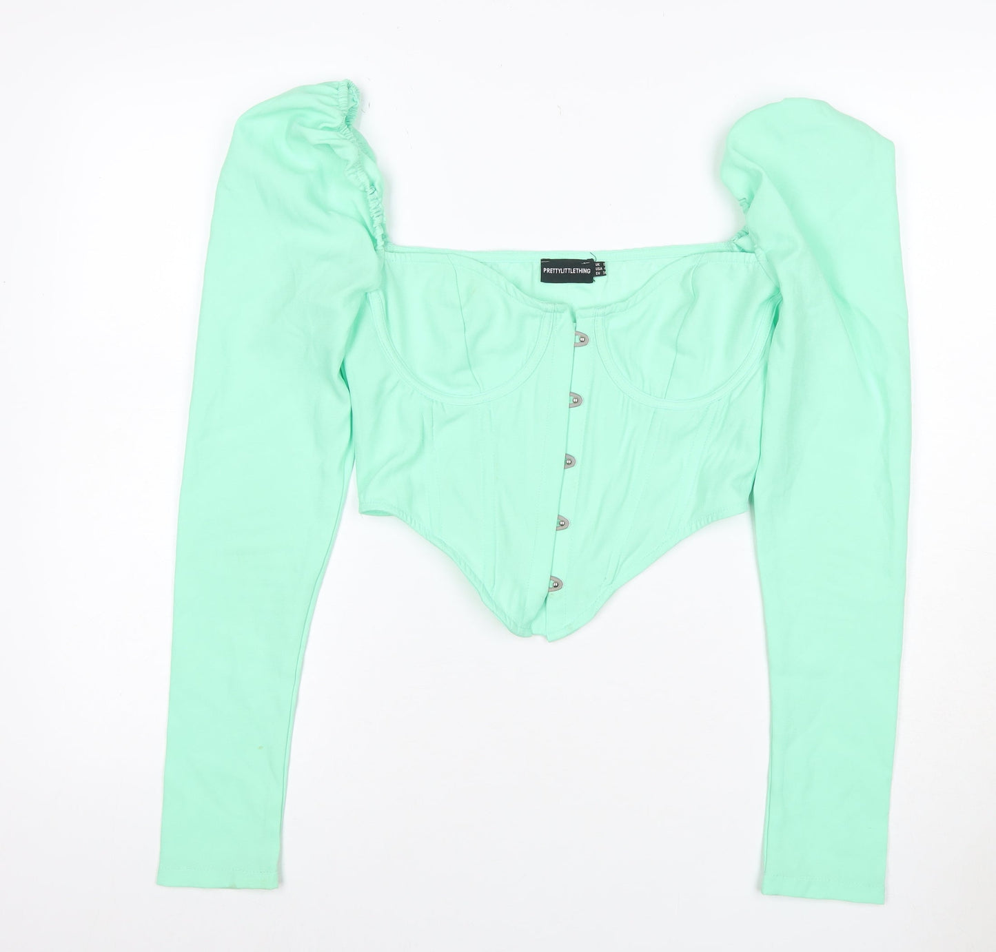 PrettyLittleThing Women Green UK 8 Cropped Puff Sleeve Hook & Eye Blouse