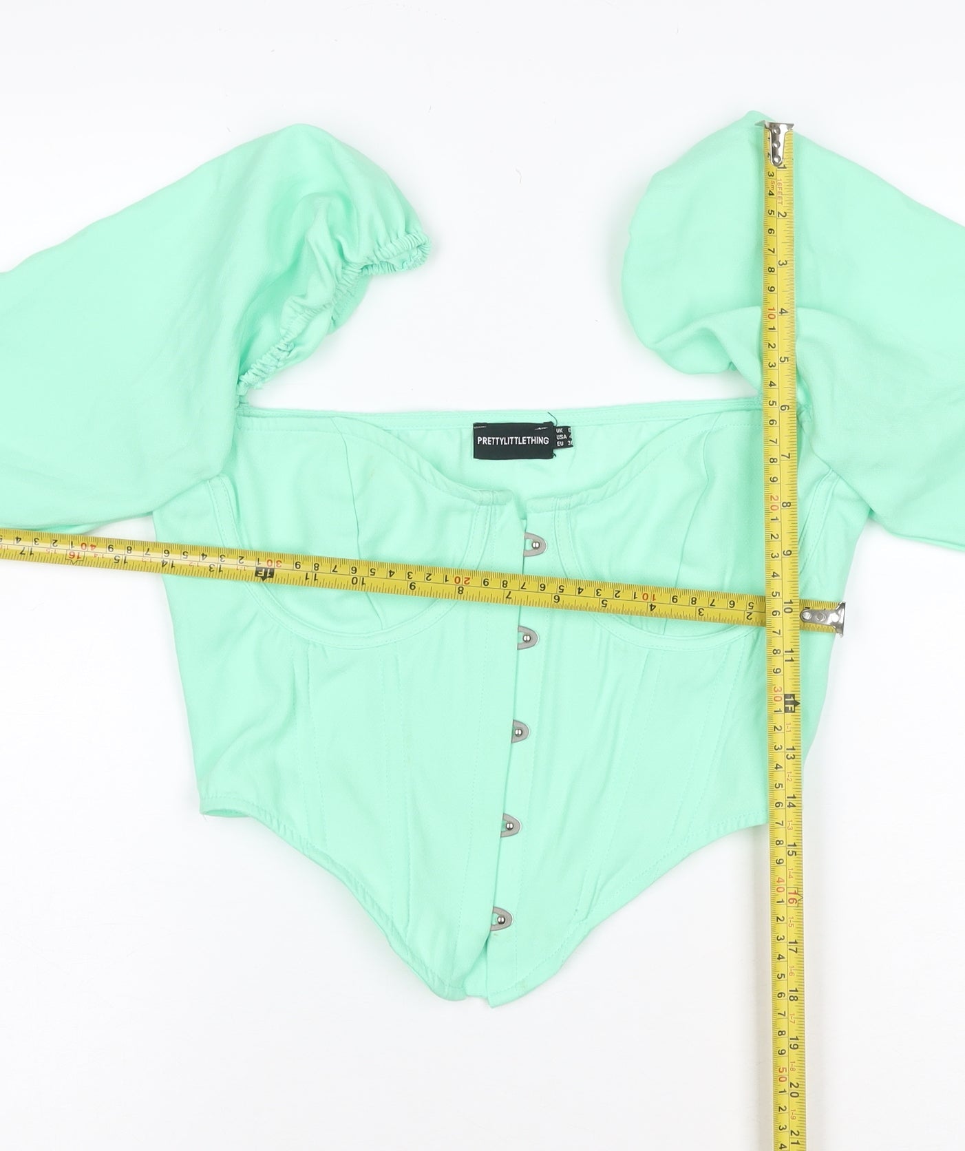 PrettyLittleThing Women Green UK 8 Cropped Puff Sleeve Hook & Eye Blouse