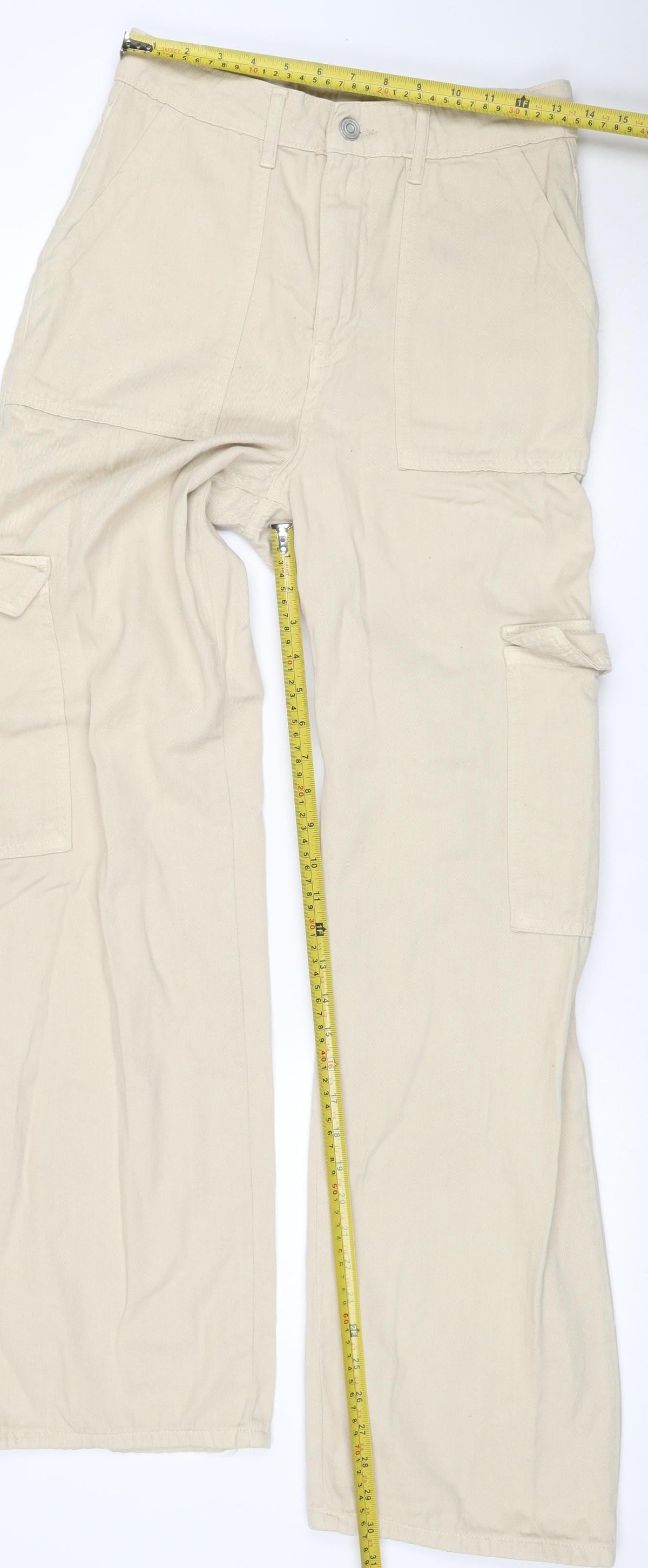 Boohoo Women Beige UK 10 Cotton Cargo Straight Leg Belted Trousers