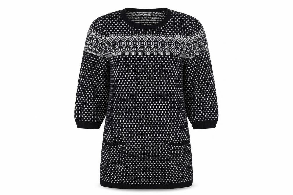 Bercning Women Black White S Fair Isle Knit Tunic Jumper 3/4 Sleeve