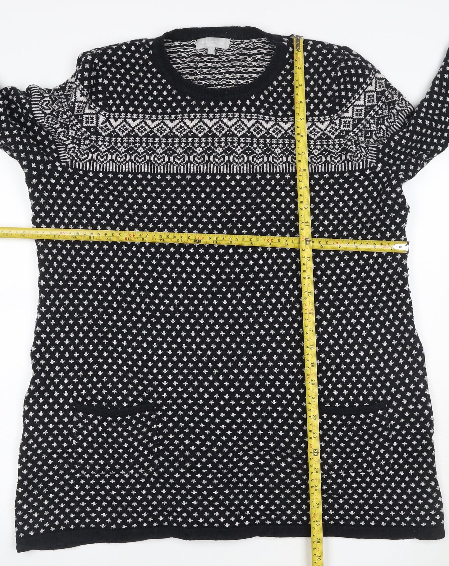 Bercning Women Black White S Fair Isle Knit Tunic Jumper 3/4 Sleeve