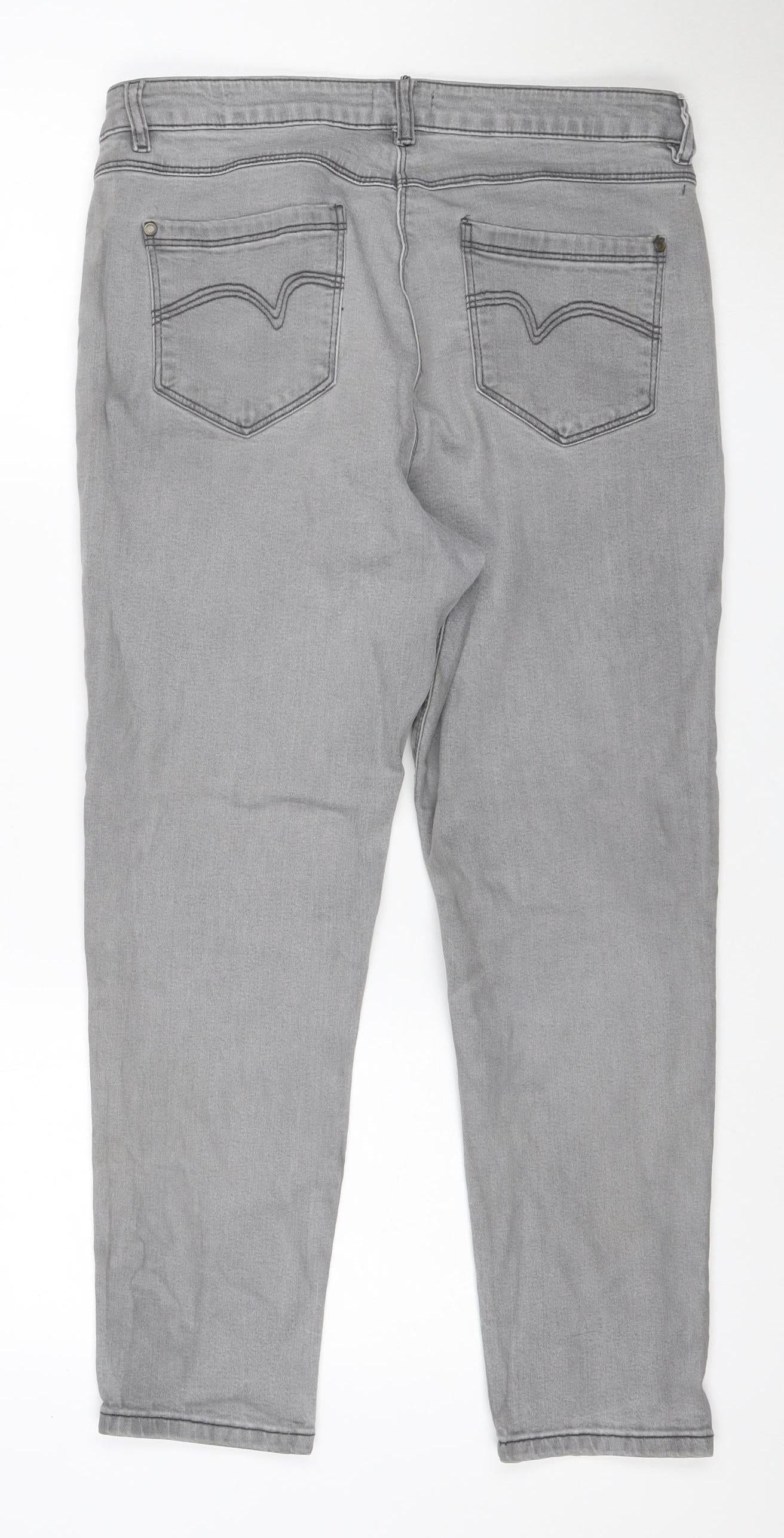 M&Co Women Grey Size 14 Straight Floral Embroidered Rhinestone Jeans