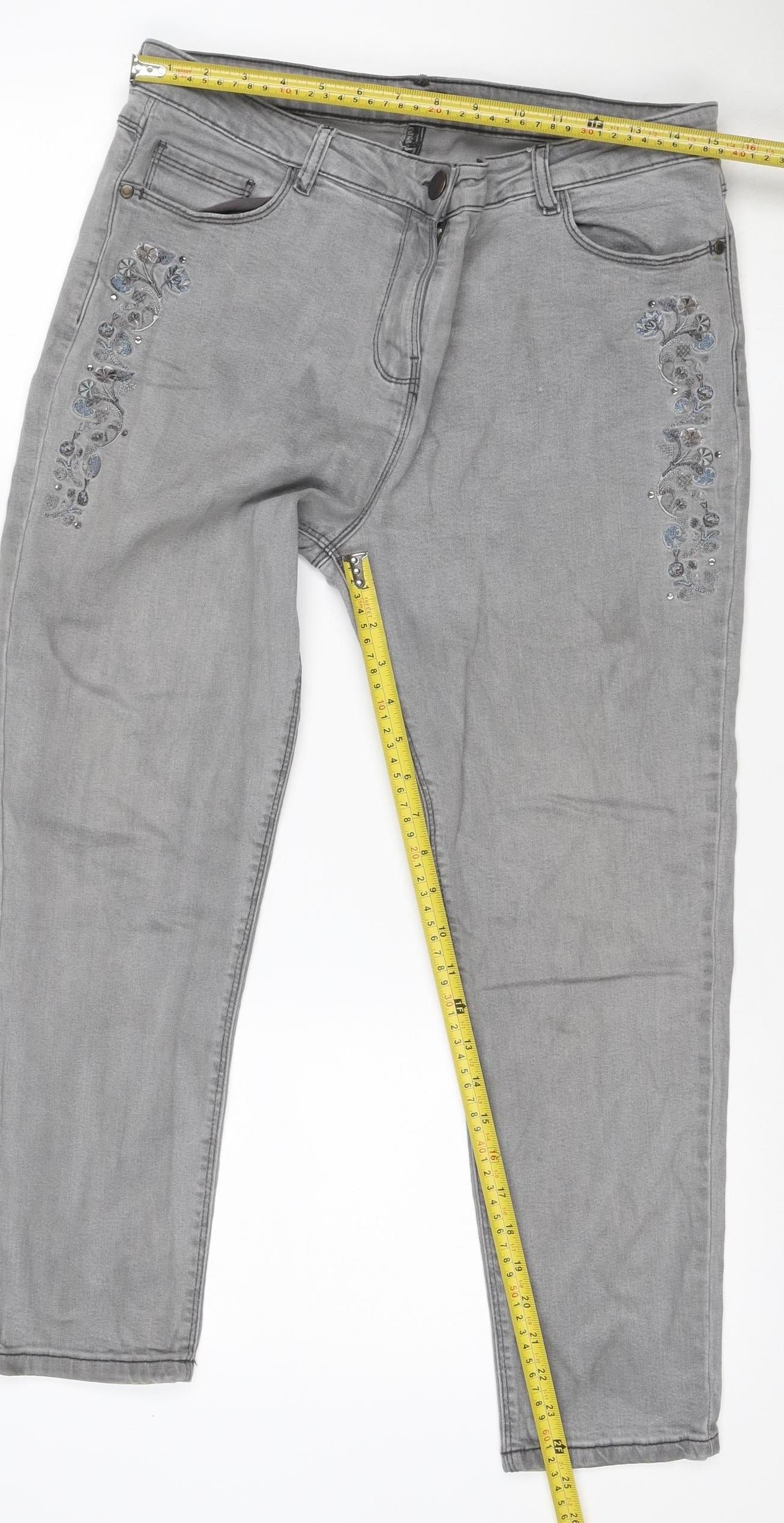 M&Co Women Grey Size 14 Straight Floral Embroidered Rhinestone Jeans