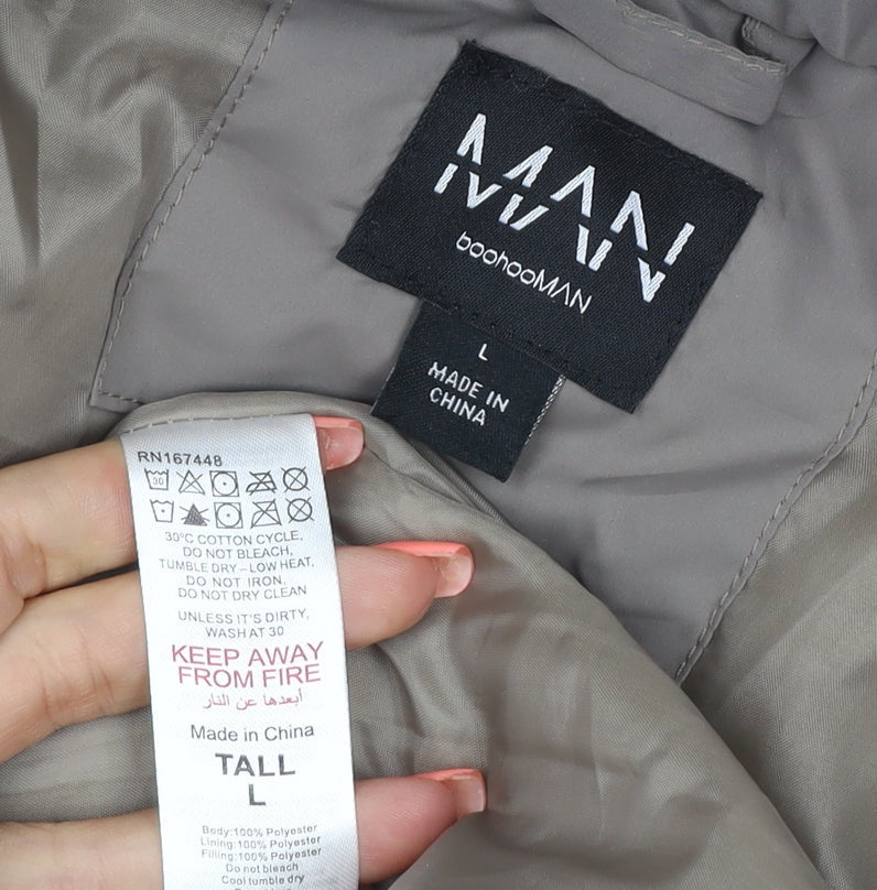 boohooMAN Men’s Grey Tall L Padded Snap Button Jacket Coat