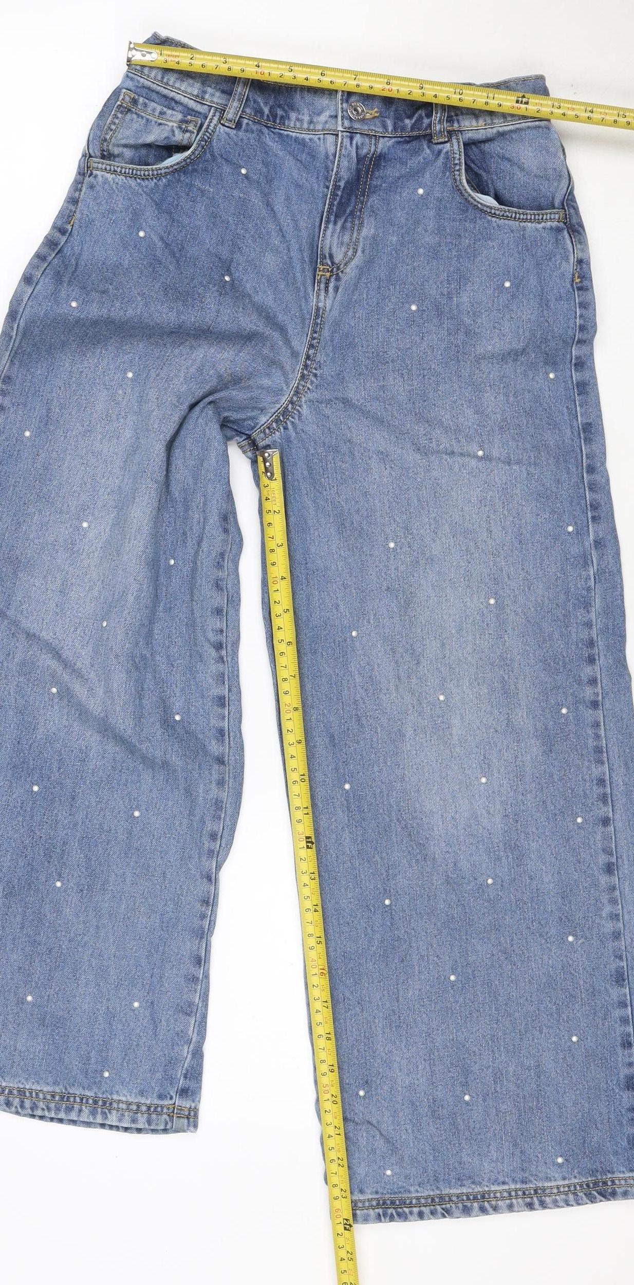 F&F Girls Blue Pearl Stud Wide-Leg Jeans Age 11-12 Years