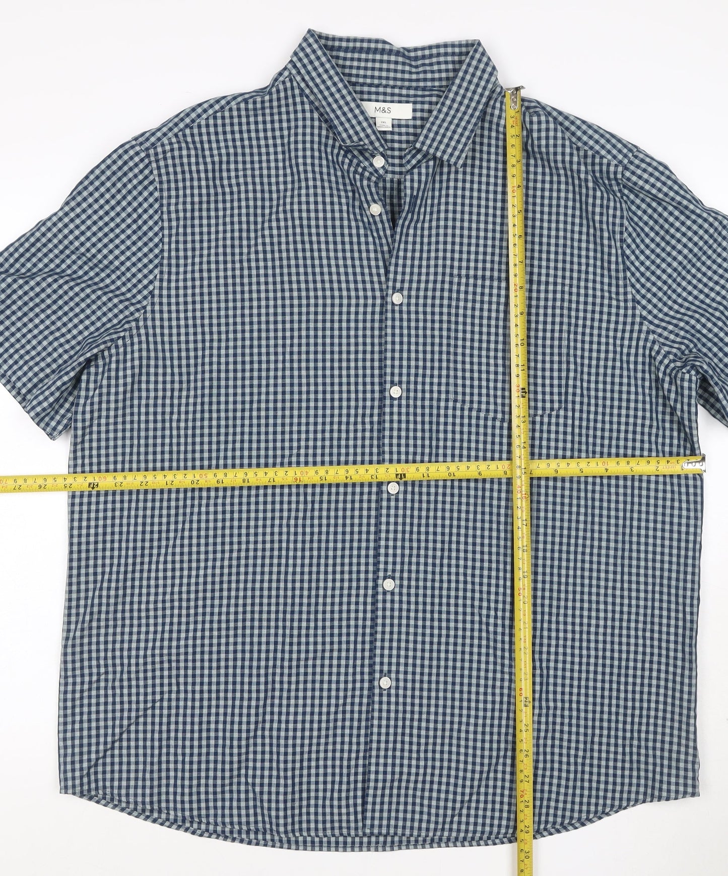Marks and Spencer Men’s Blue Check Short Sleeve Button Shirt 2XL