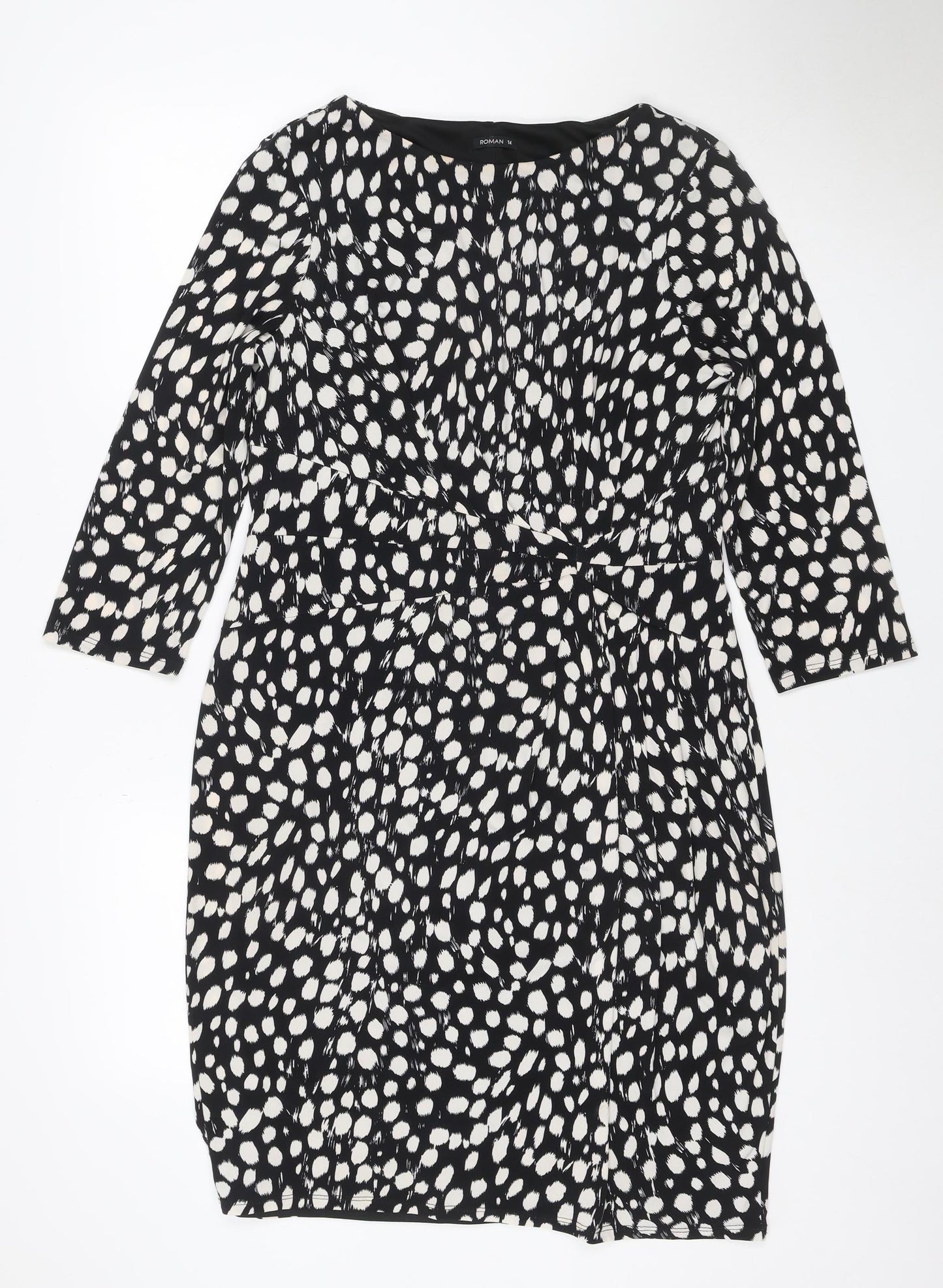 Roman Women Black Animal Print Ruched V-Neck Sheath Dress UK 14