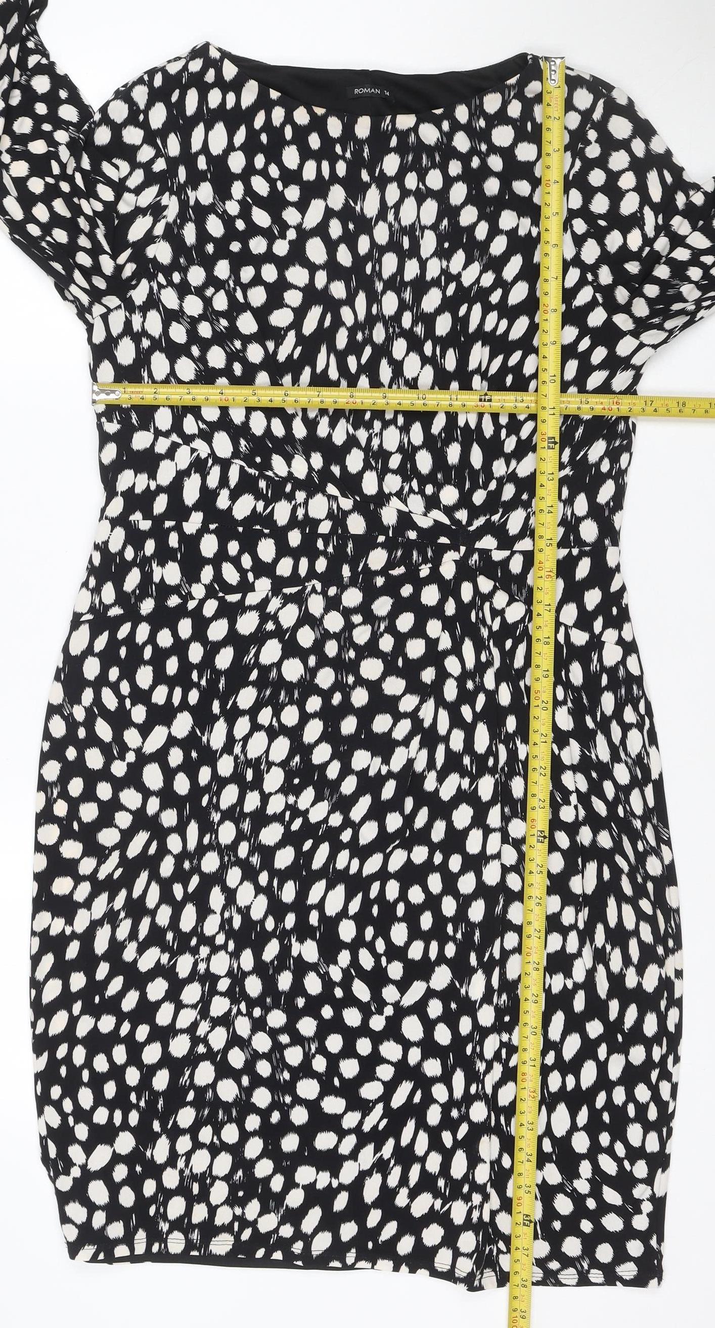 Roman Women Black Animal Print Ruched V-Neck Sheath Dress UK 14