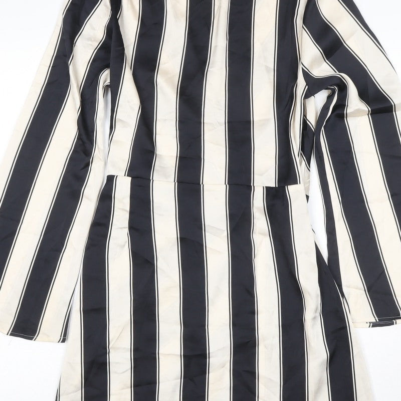 H&M Women Black Ivory Striped UK 16 Midi Wrap Dress Long Sleeve