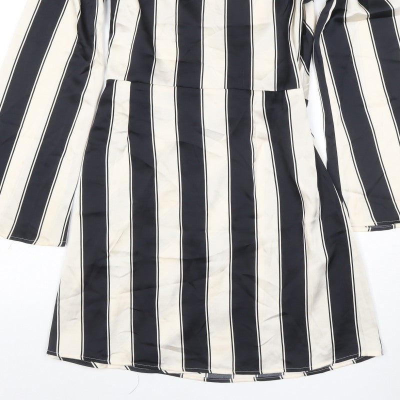 H&M Women Black Ivory Striped UK 16 Midi Wrap Dress Long Sleeve