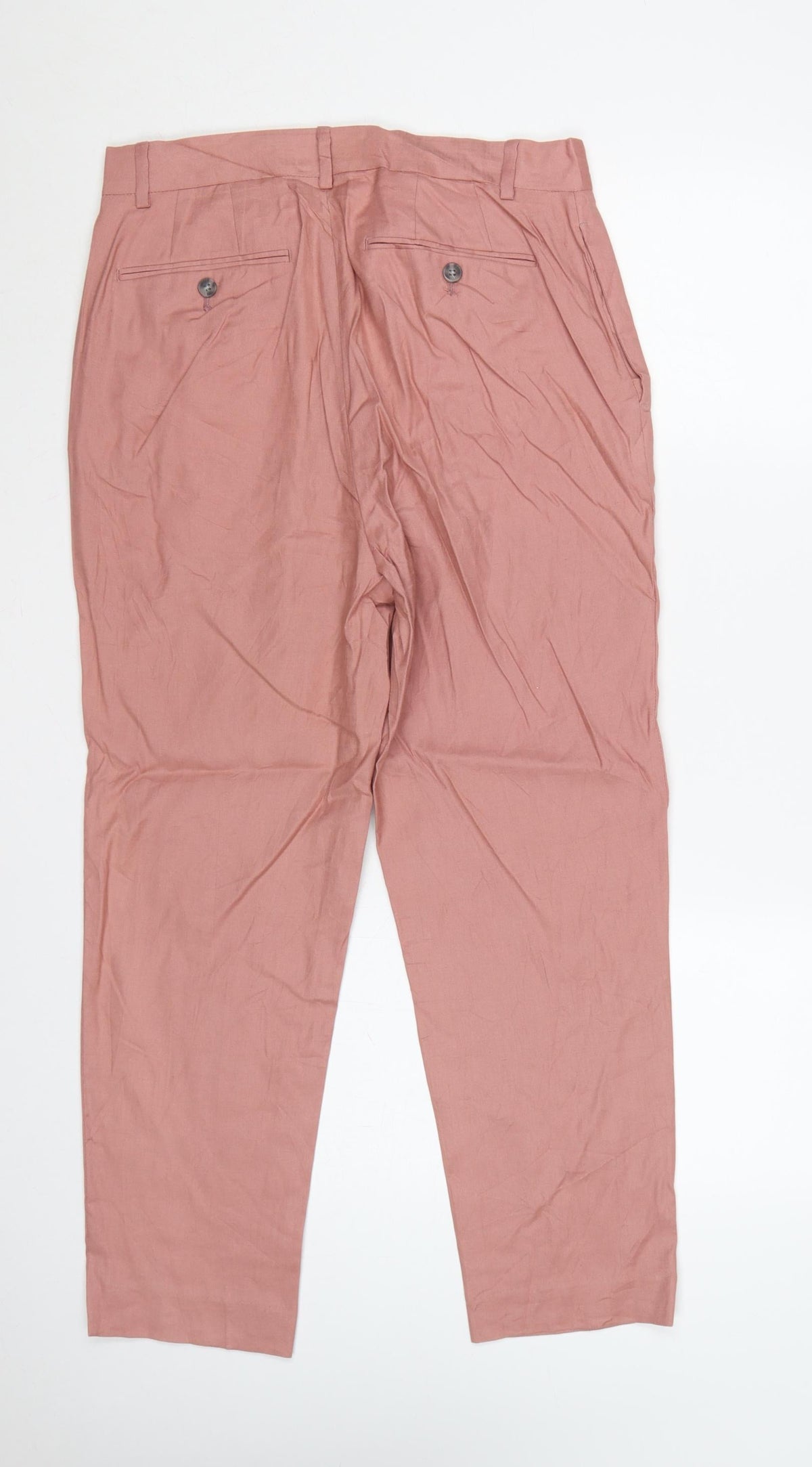 Close-up detail of ASOS Women’s Pink UK 12 Linen Blend Pleated Tapered Trousers