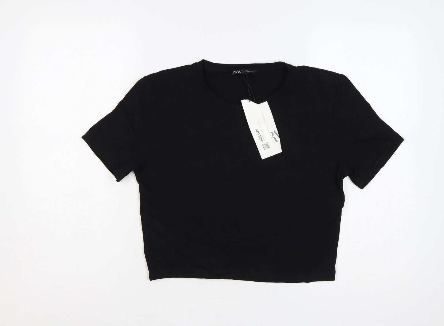 Zara Women Black UK 14 Cropped Stretch Jersey T-Shirt