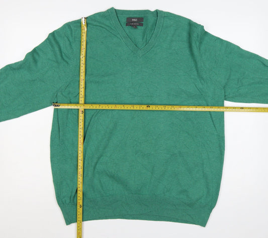 Marks and Spencer Men Green XL Pure Cotton V-Neck Pullover Jumper