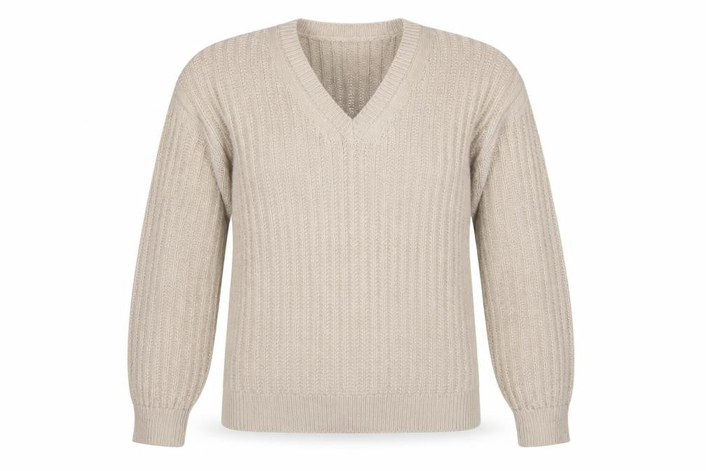 Marks & Spencer Women Beige M V-Neck Rib Knit Pullover Jumper