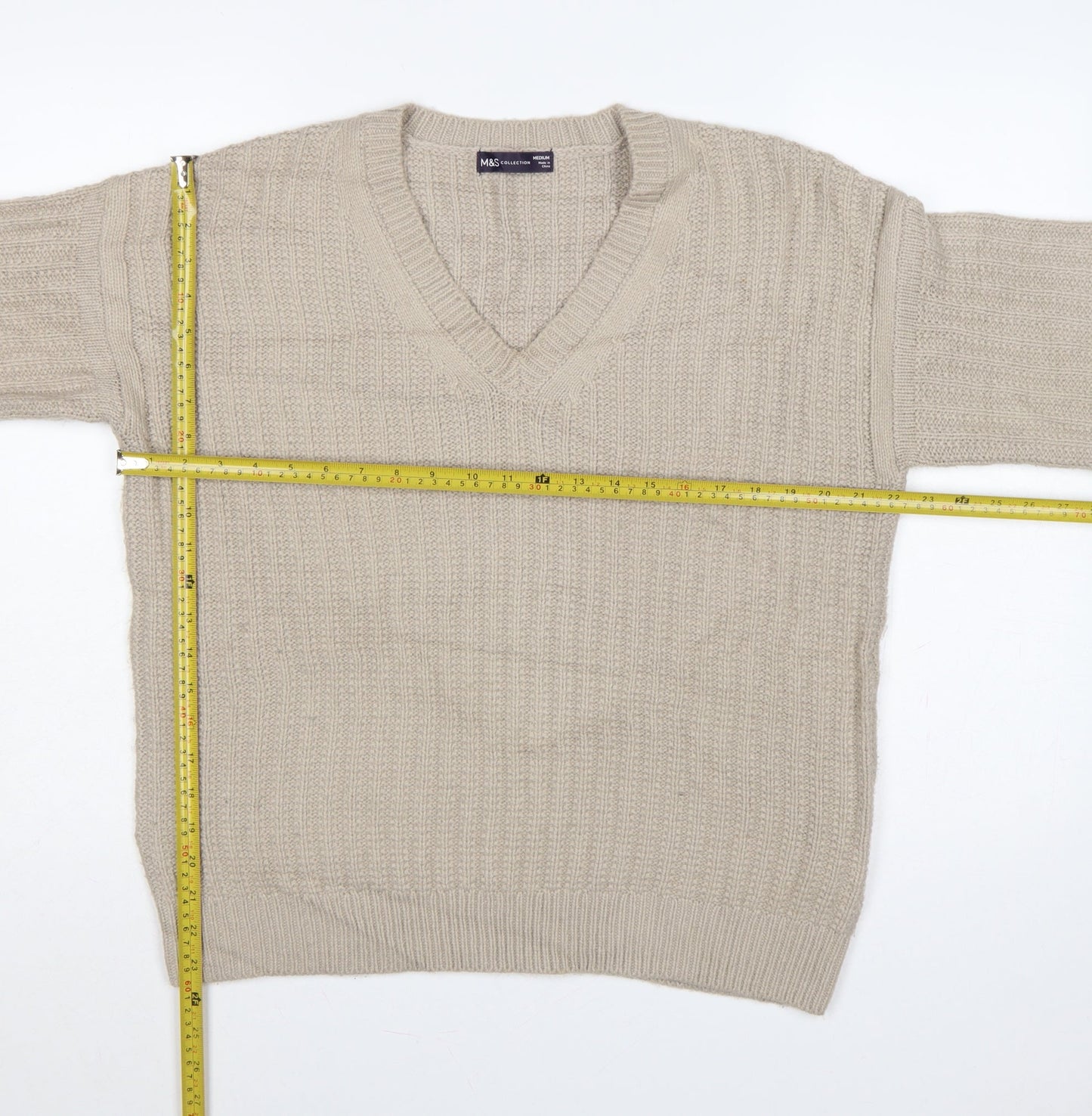 Marks and Spencer Women Beige M V-Neck Rib Knit Pullover Jumper
