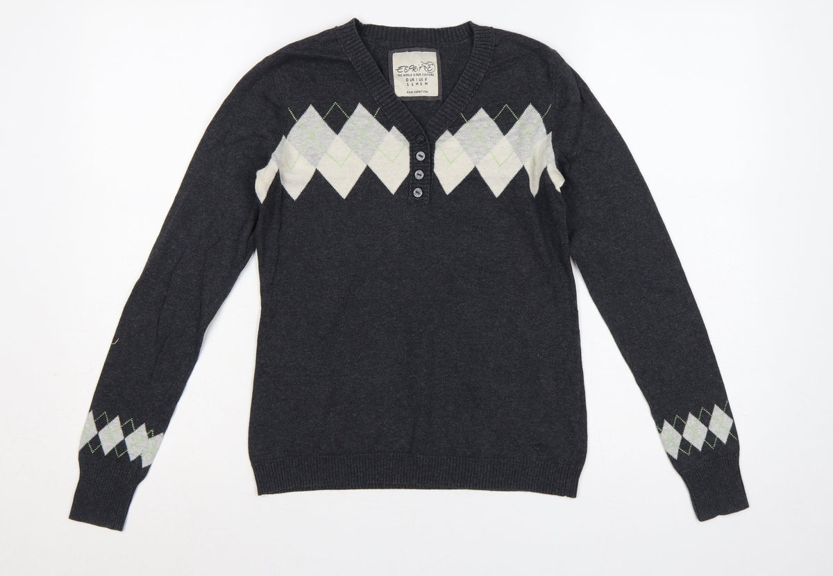 Esprit Women’s Grey Argyle Henley V-Neck Knit Jumper Size S