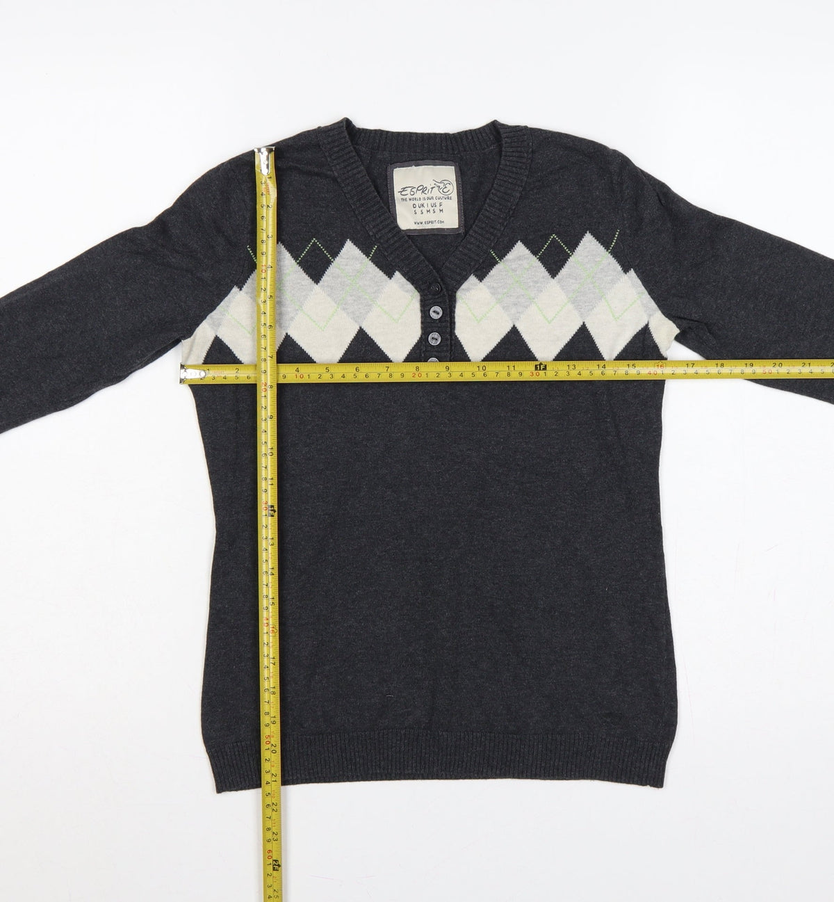 Esprit Women’s Grey Argyle Henley V-Neck Knit Jumper Size S
