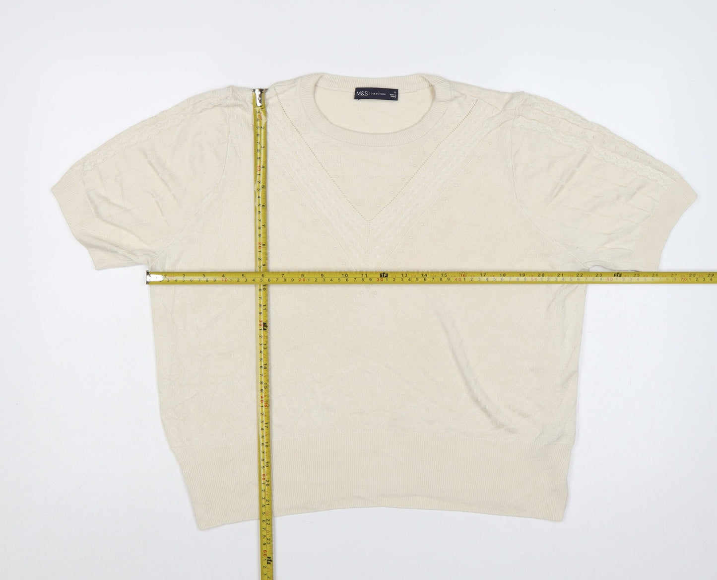 Marks & Spencer Women Ivory Size 22 Cable Knit Short Sleeve Jumper