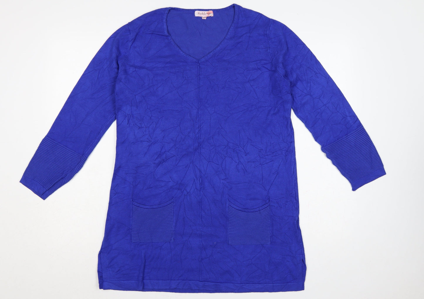 Michelle Hope Women Blue Size 14/16 V-Neck Pocket Knit Tunic Jumper