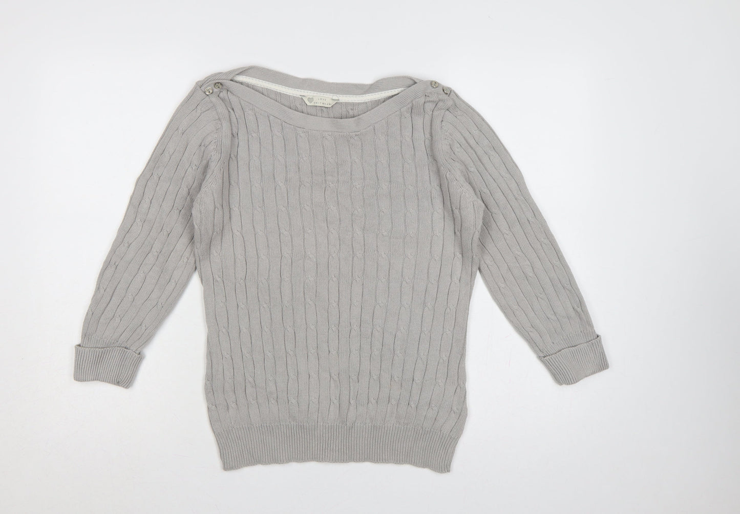 BHS Women Grey Cable Knit Boat Neck Button Shoulder Jumper Size 12