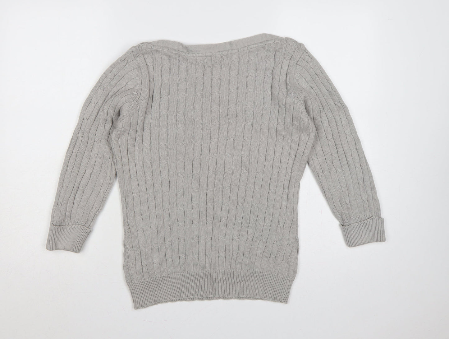 BHS Women Grey Cable Knit Boat Neck Button Shoulder Jumper Size 12