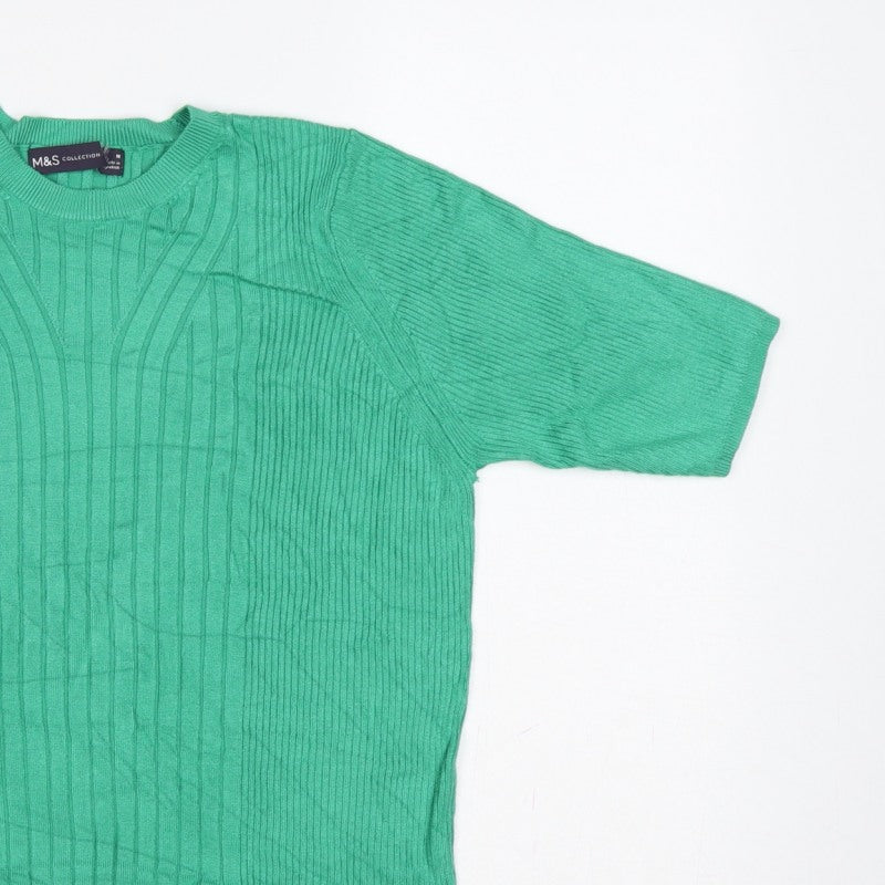 Marks and Spencer Women Green M Ribbed Short Sleeve Crew Neck Jumper