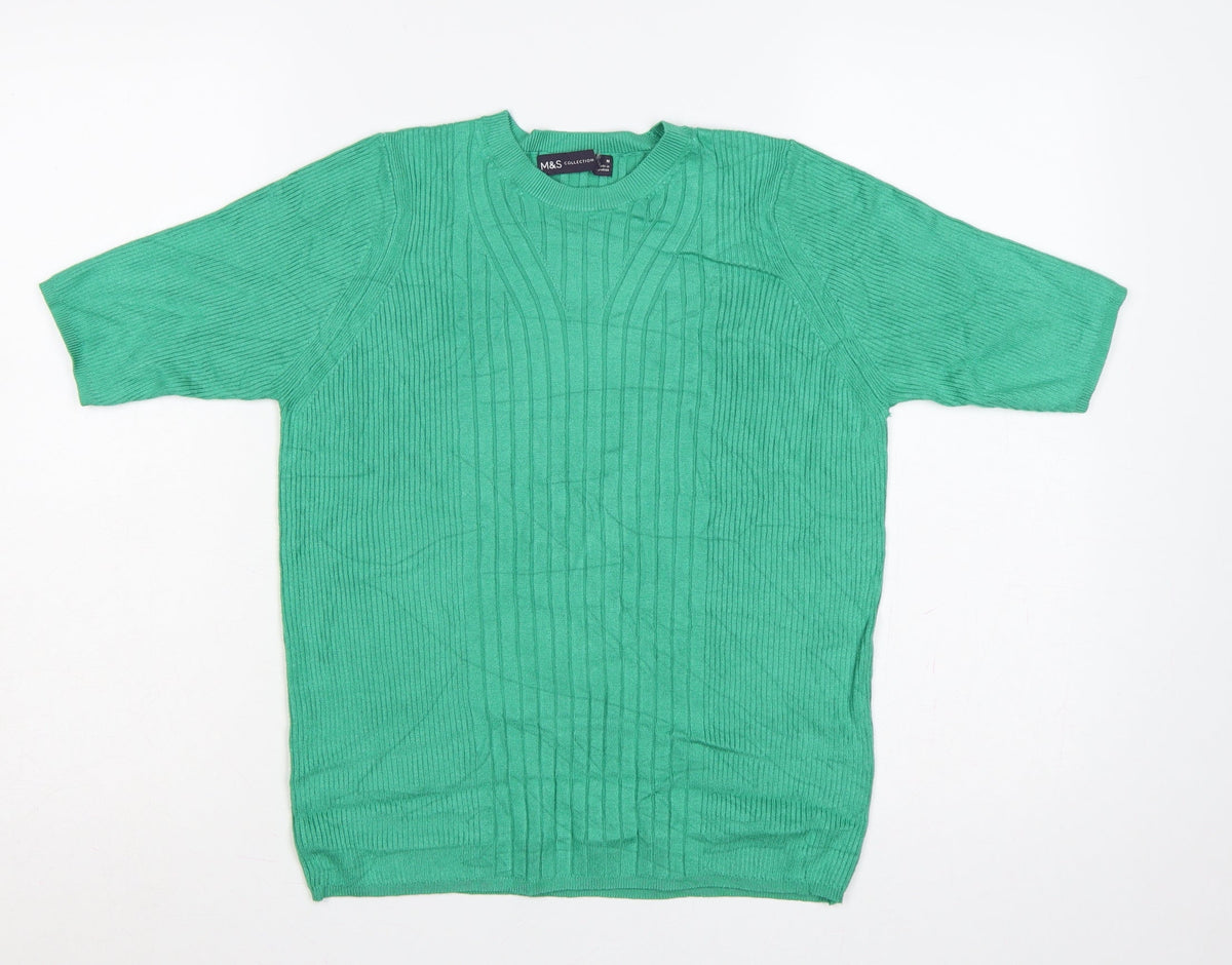 Marks and Spencer Women Green M Ribbed Short Sleeve Crew Neck Jumper