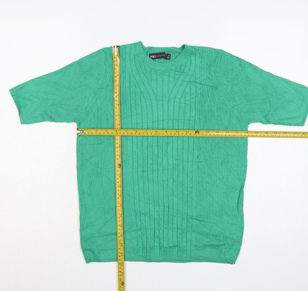 Marks and Spencer Women Green M Ribbed Short Sleeve Crew Neck Jumper