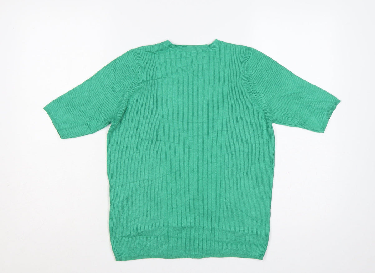 Marks and Spencer Women Green M Ribbed Short Sleeve Crew Neck Jumper