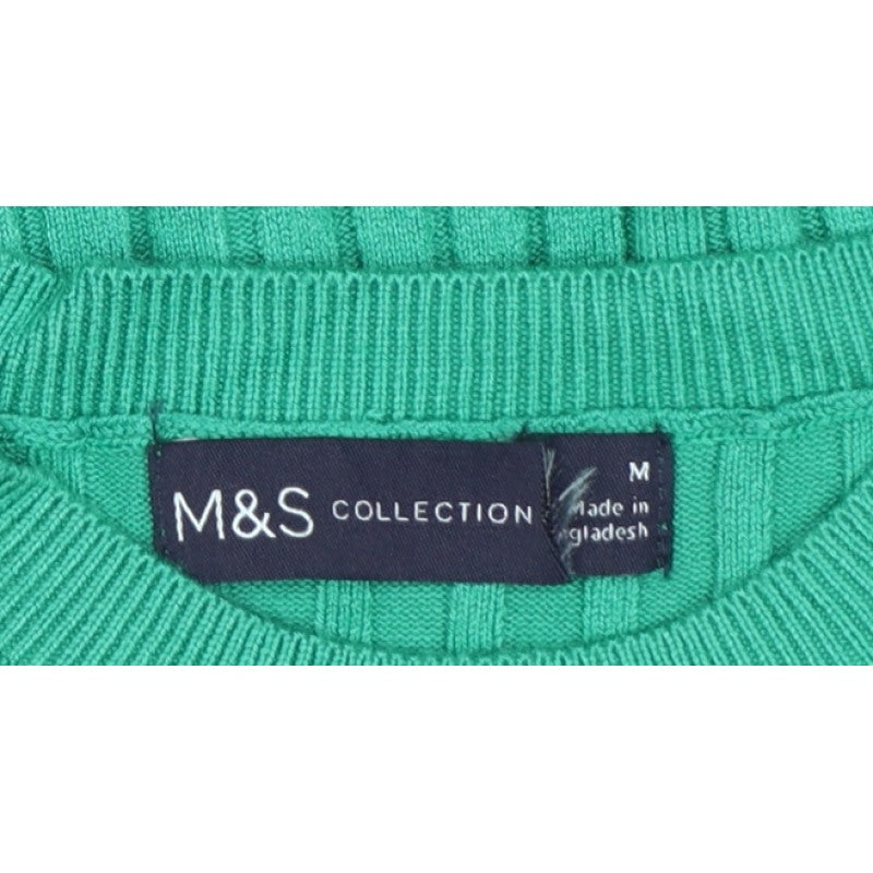 Marks and Spencer Women Green M Ribbed Short Sleeve Crew Neck Jumper