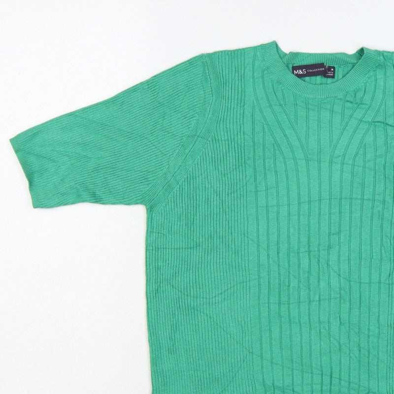 Marks and Spencer Women Green M Ribbed Short Sleeve Crew Neck Jumper