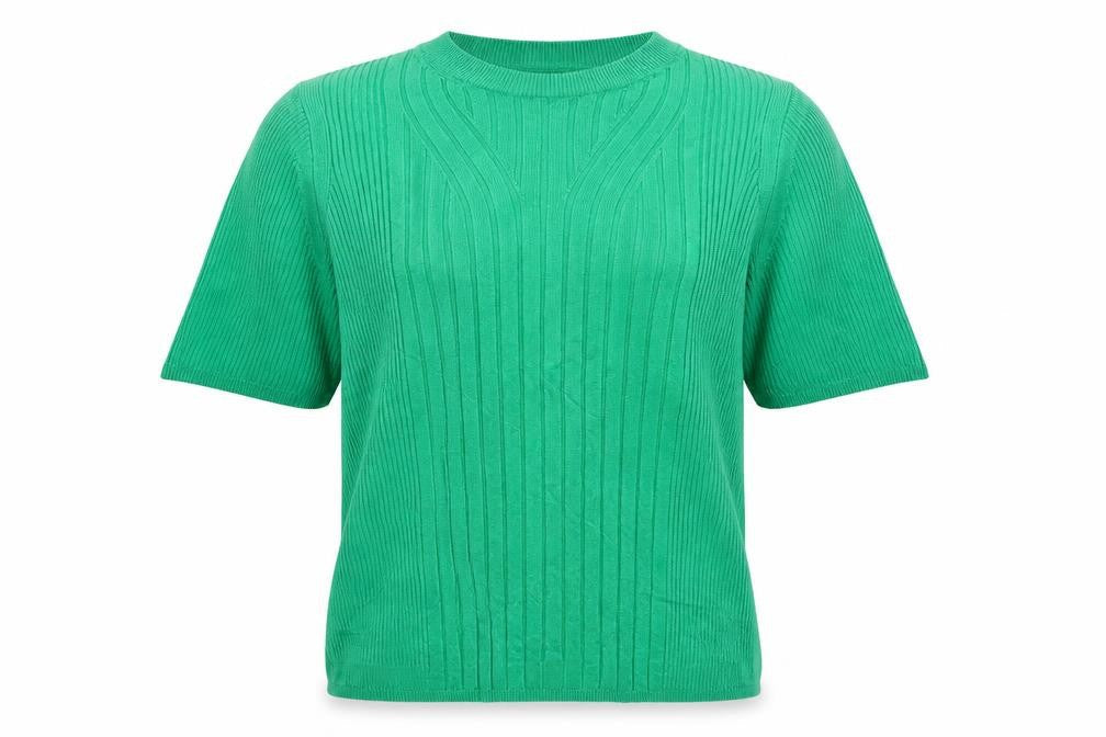 Marks and Spencer Women Green M Ribbed Short Sleeve Crew Neck Jumper