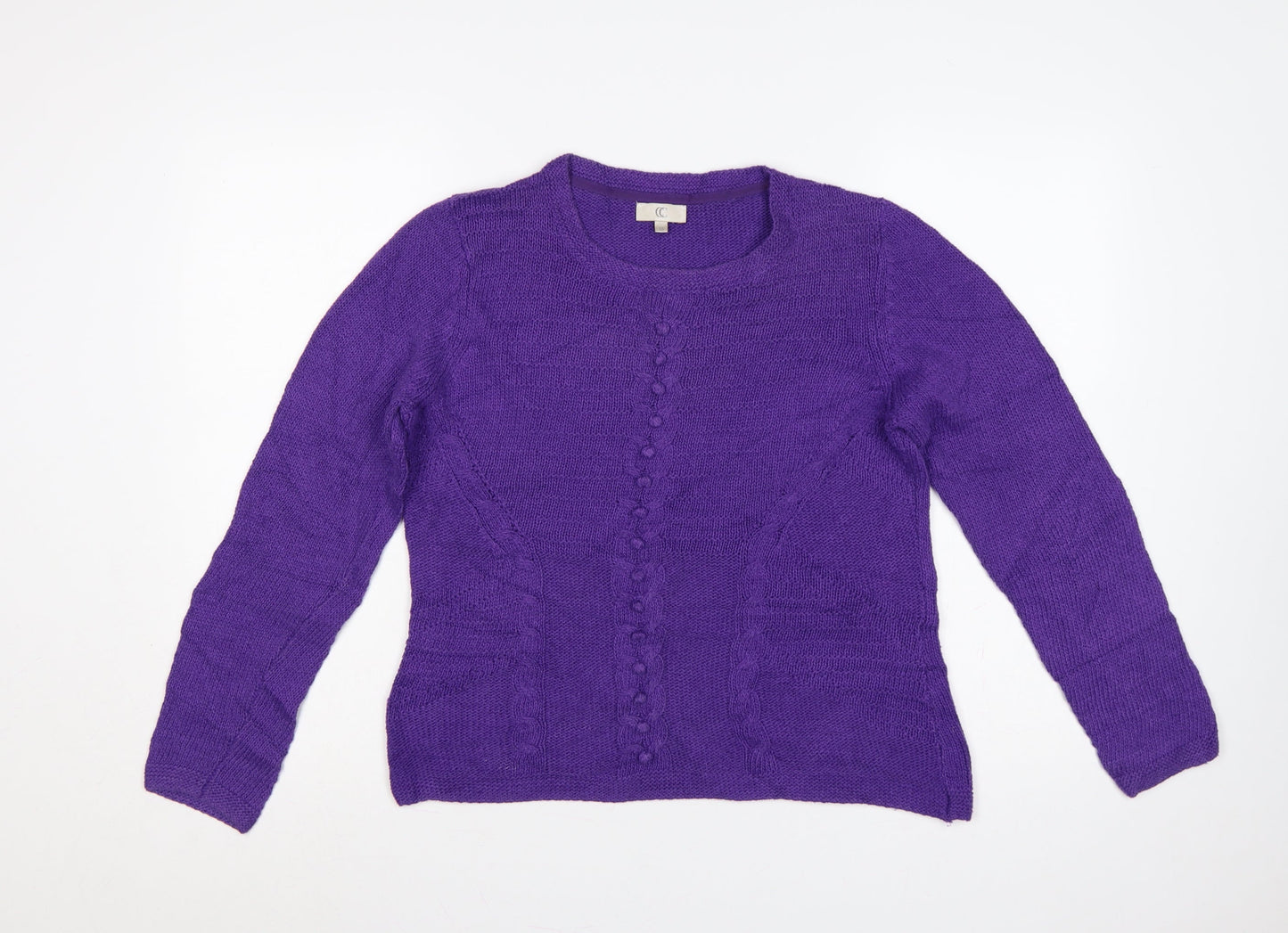 CC Women's Purple M Cable-Knit Linen Cotton Round Neck Jumper