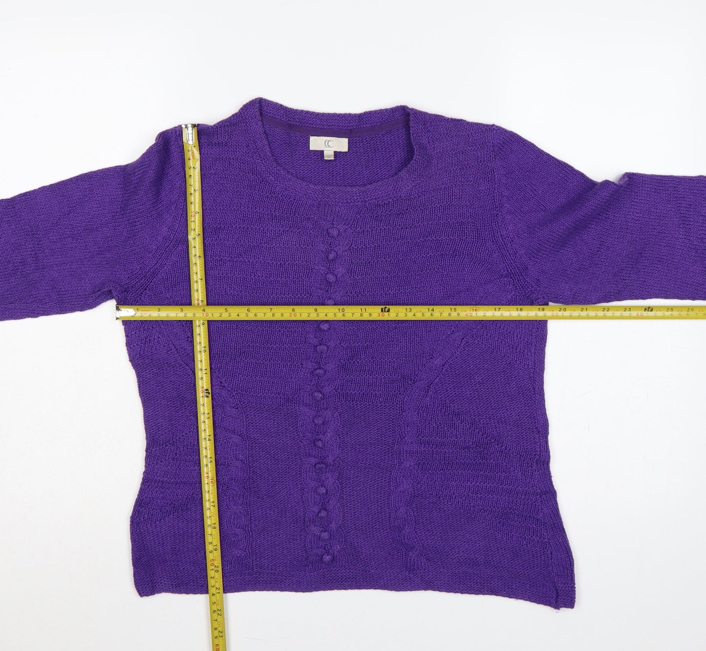 CC Women's Purple M Cable-Knit Linen Cotton Round Neck Jumper