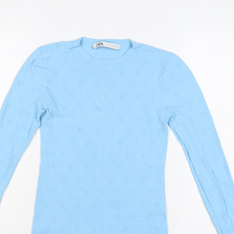 Zara Women Blue S Heart Pointelle Knit Long Sleeve Crew Neck Jumper