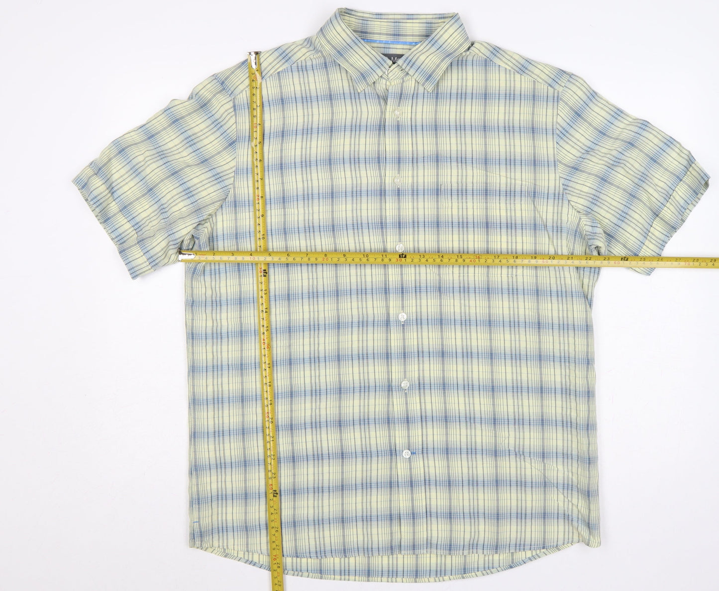 Marks & Spencer Men Yellow Blue Plaid Button-Down Shirt L Short Sleeve